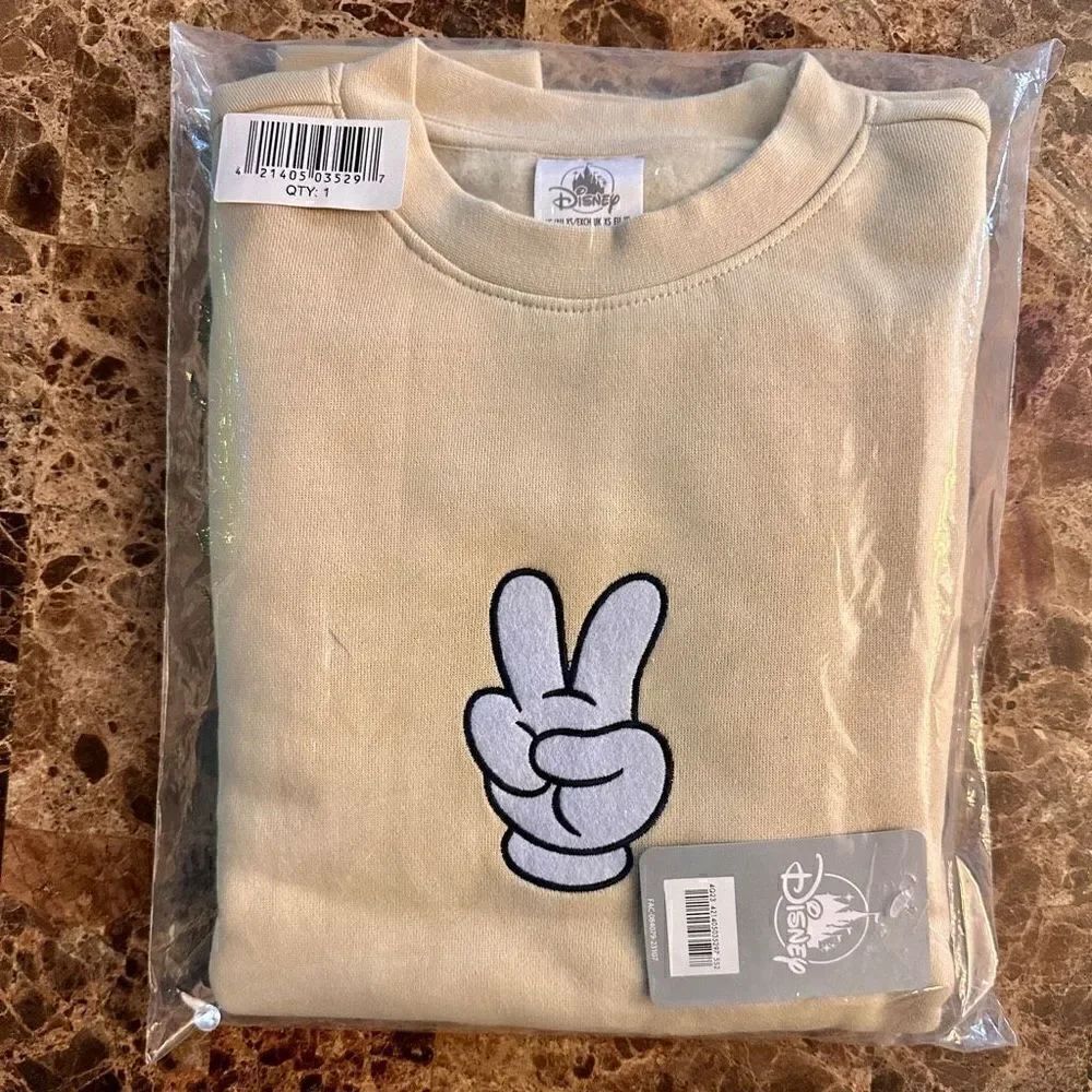 Mickey Mouse Peace Sign Pullover Sweatshirt Adults Disney XS NWT Beige